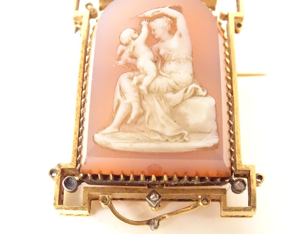 18 Carat Solid Gold Brooch Cameo Antique Woman Angelot Napoleon III 19th Century-photo-3