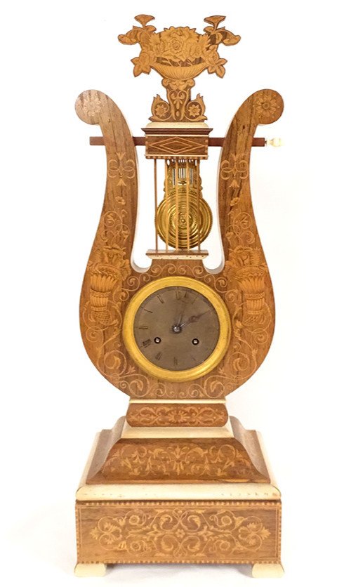 Pendule Lyre Charles X Marqueterie Palissandre Bronze Napoléon III XIXème