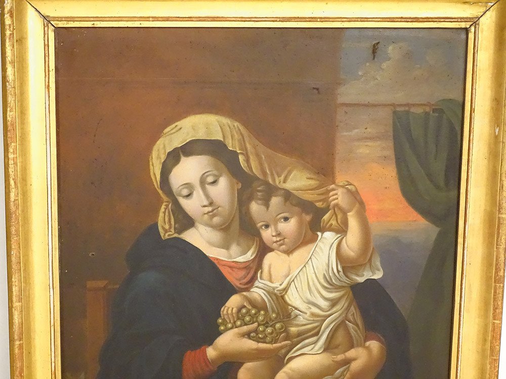 Hst Painting Virgin Child Jesus Madonna Bunch Of Grapes By Ap. Mignard 19th Century-photo-2