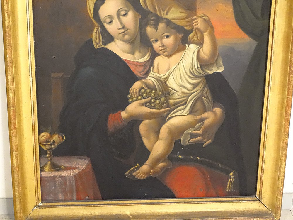 Hst Painting Virgin Child Jesus Madonna Bunch Of Grapes By Ap. Mignard 19th Century-photo-3