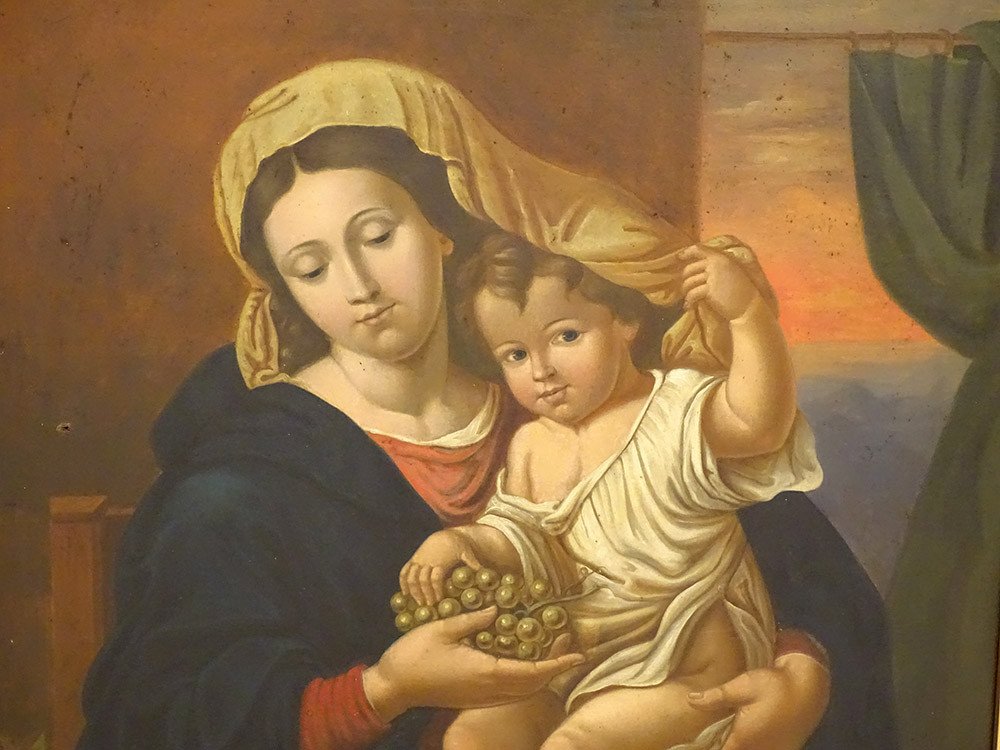 Hst Painting Virgin Child Jesus Madonna Bunch Of Grapes By Ap. Mignard 19th Century-photo-4