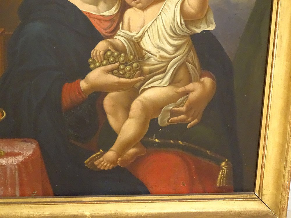 HST Tableau Vierge Enfant Jésus Madone Grappe Raisins d'Ap. Mignard XIXème-photo-1