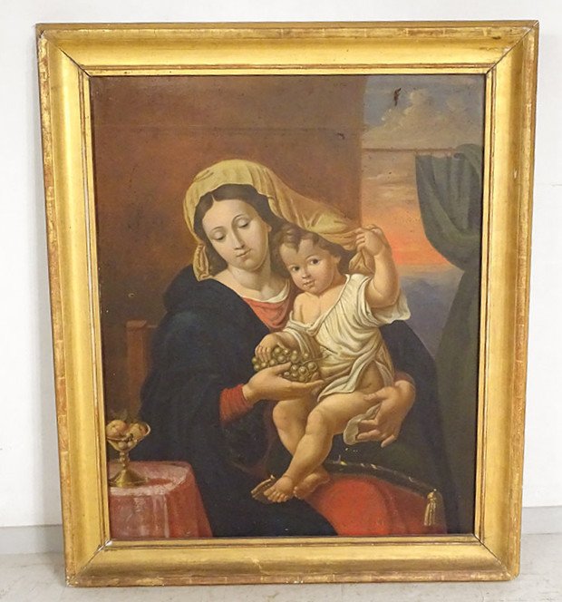 HST Tableau Vierge Enfant Jésus Madone Grappe Raisins d'Ap. Mignard XIXème