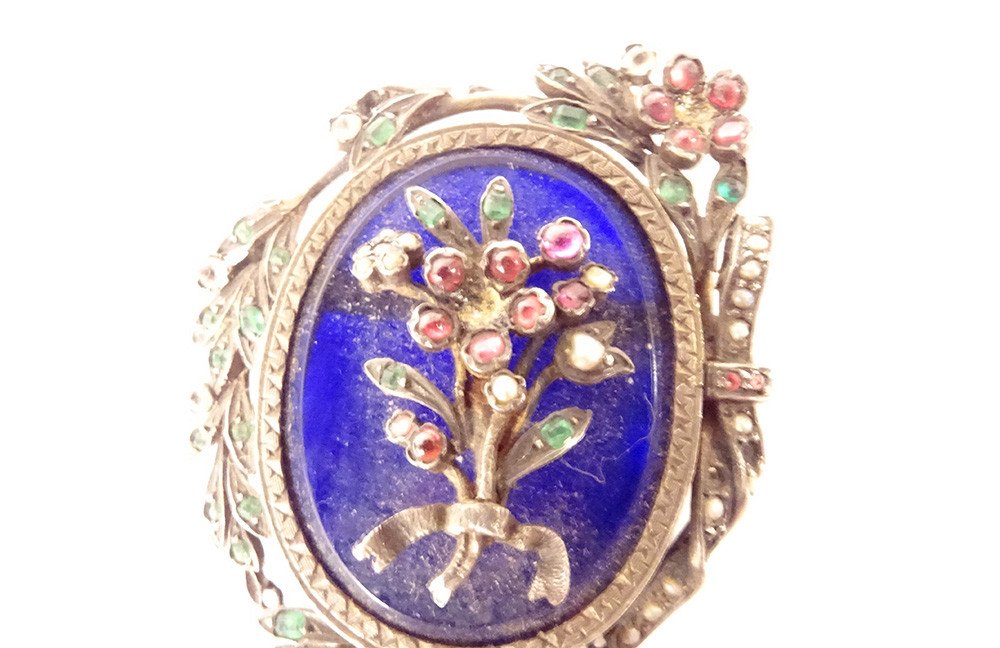 Brooch Jewel Silver Enamel Blue Flowers Bow Pearls Napoleon III XIXth Century-photo-2