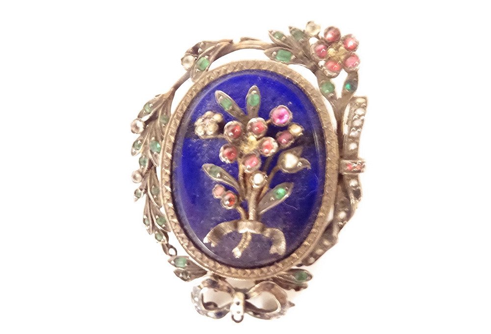 Brooch Jewel Silver Enamel Blue Flowers Bow Pearls Napoleon III XIXth Century-photo-3