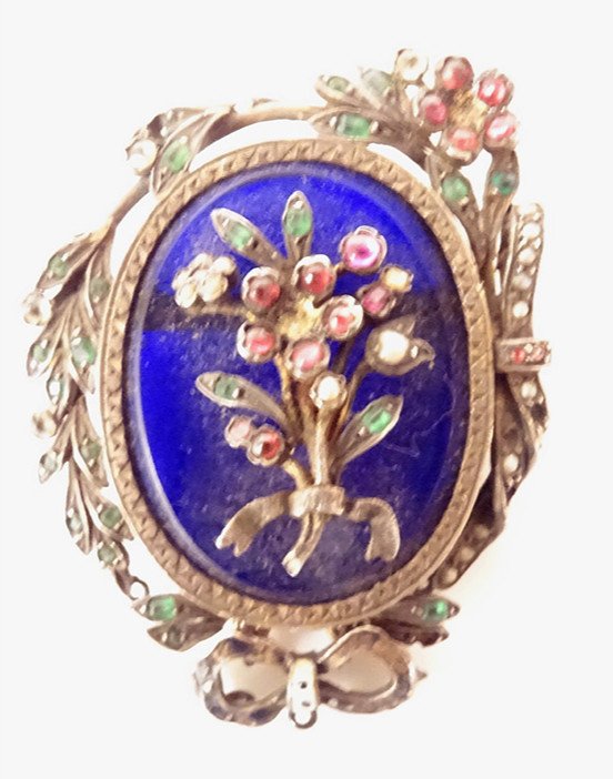 Brooch Jewel Silver Enamel Blue Flowers Bow Pearls Napoleon III XIXth Century