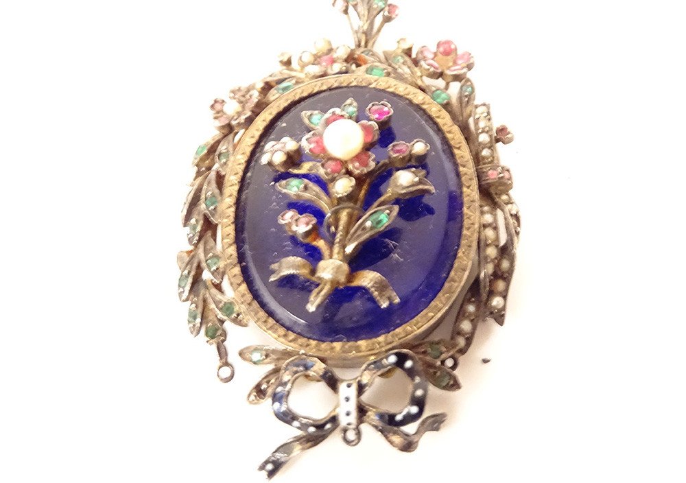 Silver Photo Holder Pendant Blue Enamel Flowers Bow Napoleon III 19th Century-photo-2