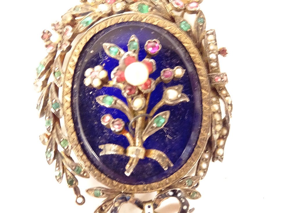 Silver Photo Holder Pendant Blue Enamel Flowers Bow Napoleon III 19th Century-photo-1