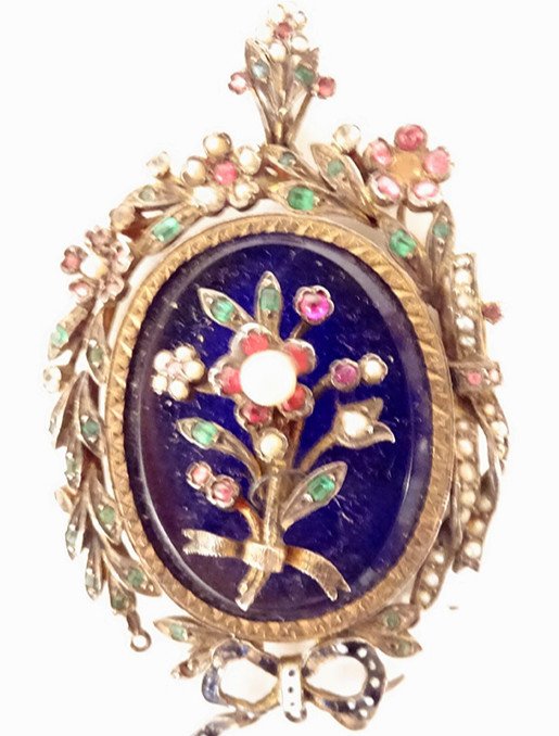 Silver Photo Holder Pendant Blue Enamel Flowers Bow Napoleon III 19th Century