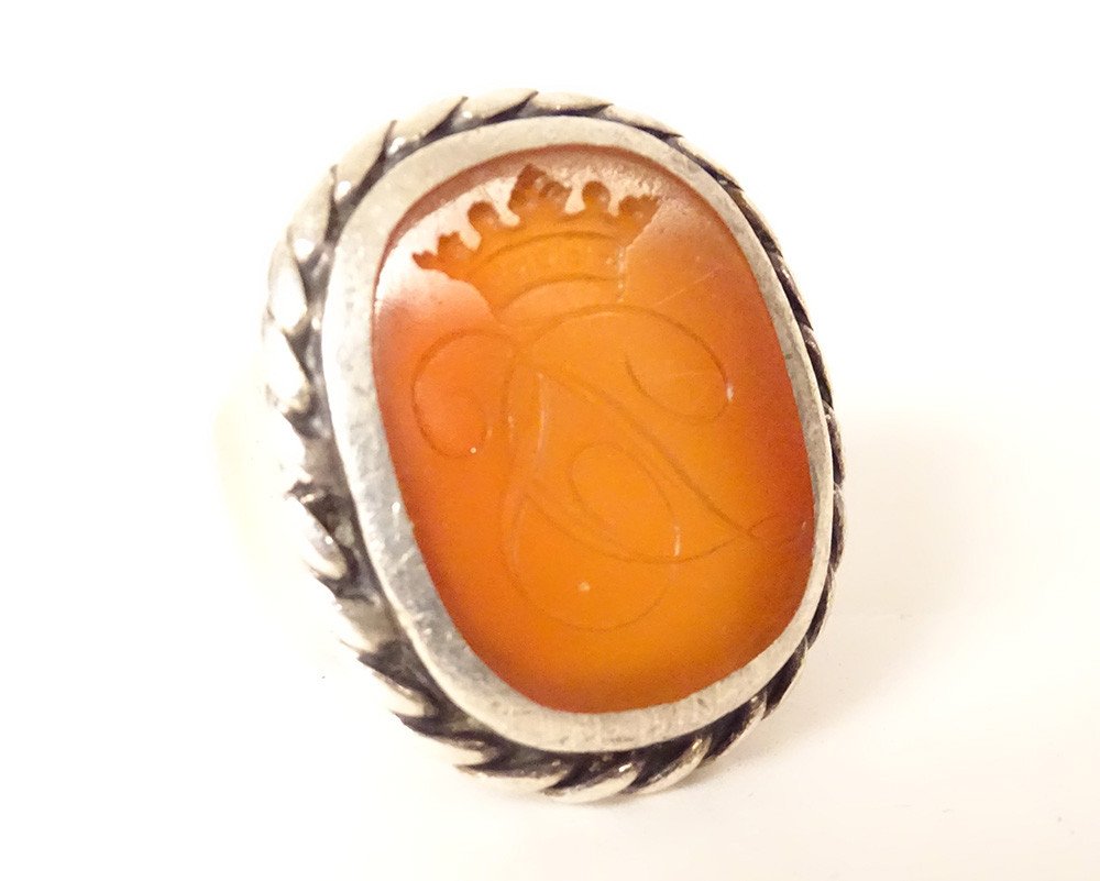 Ring Intaglio Carnelian Monogram Crown Solid Silver 19th Century-photo-2