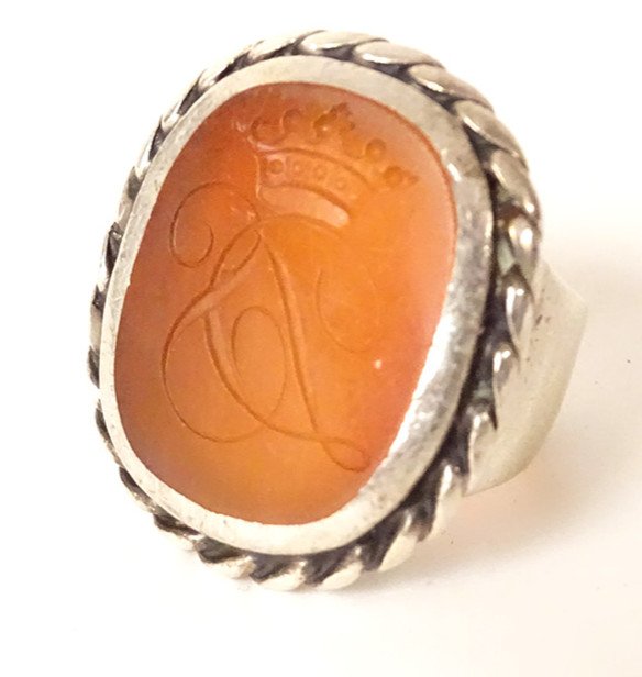 Ring Intaglio Carnelian Monogram Crown Solid Silver 19th Century