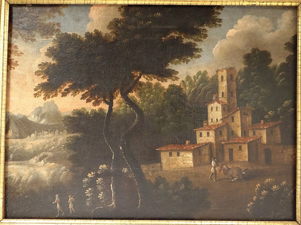 Large Hst Countryside Landscape Village Characters Italian School 18th Century-photo-2