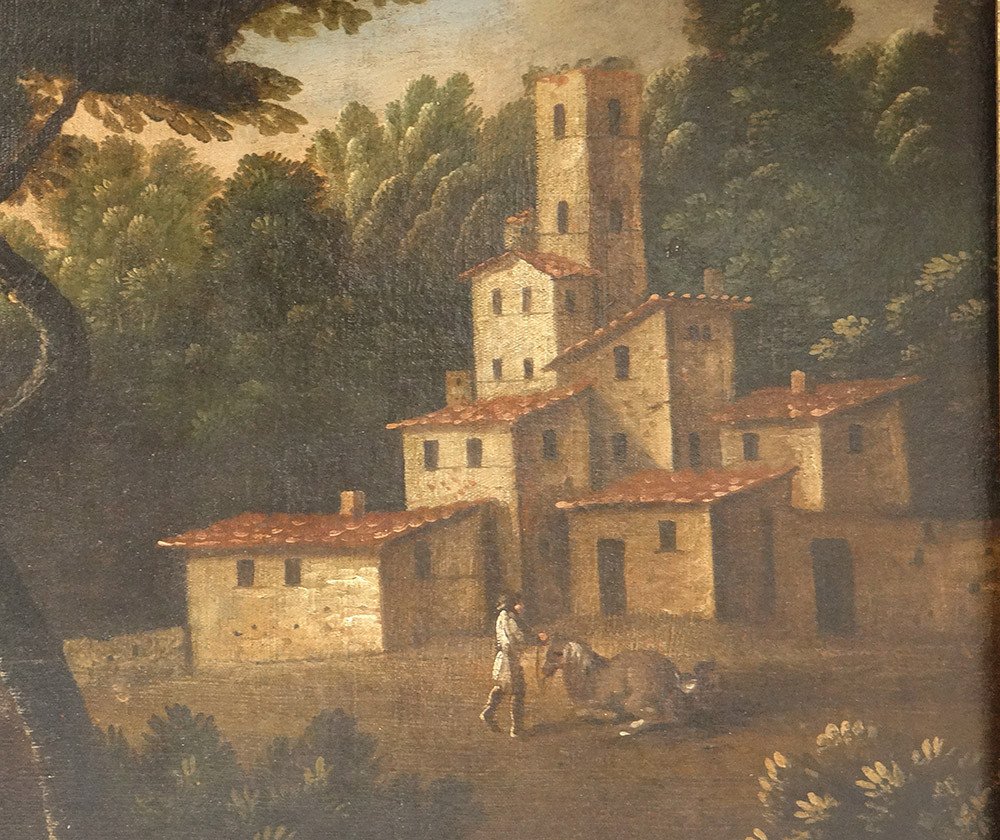 Large Hst Countryside Landscape Village Characters Italian School 18th Century-photo-3