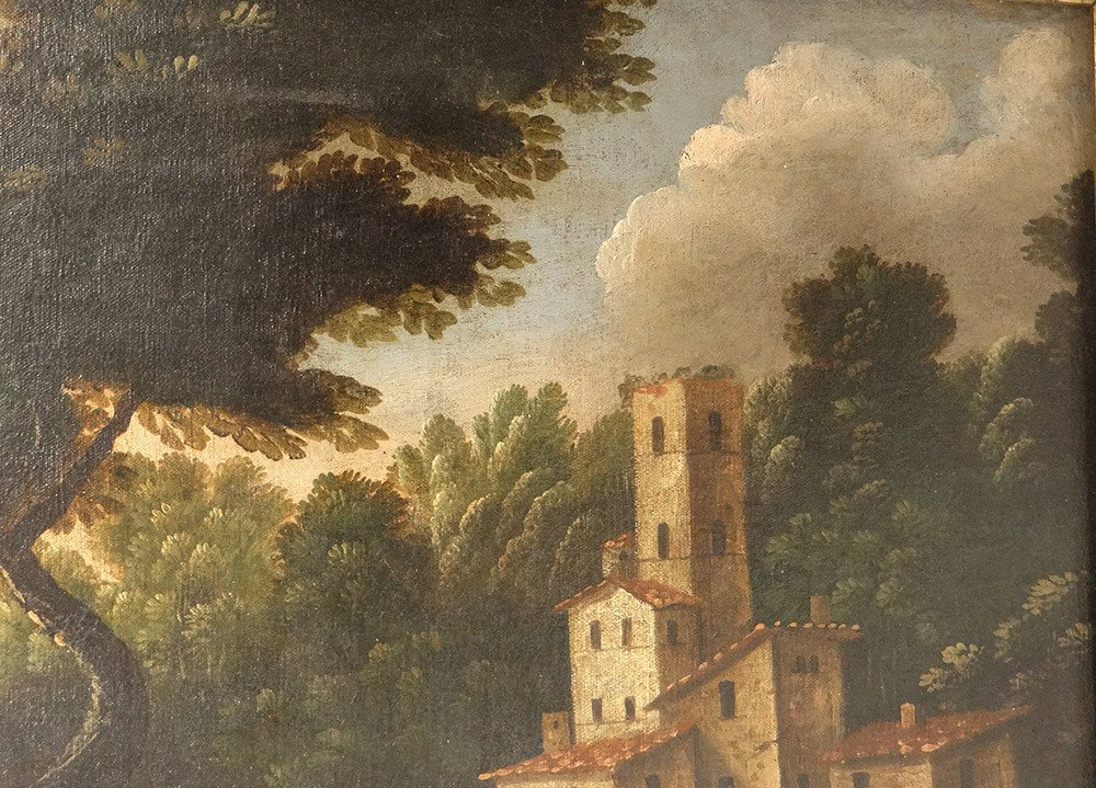 Large Hst Countryside Landscape Village Characters Italian School 18th Century-photo-7