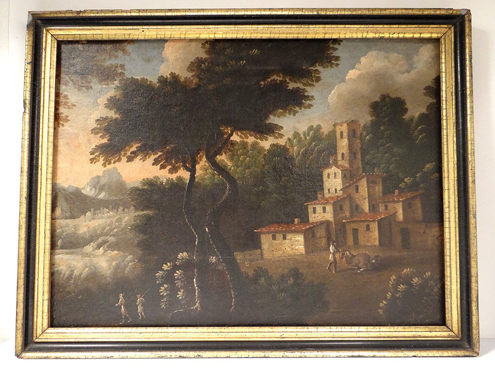 Large Hst Countryside Landscape Village Characters Italian School 18th Century