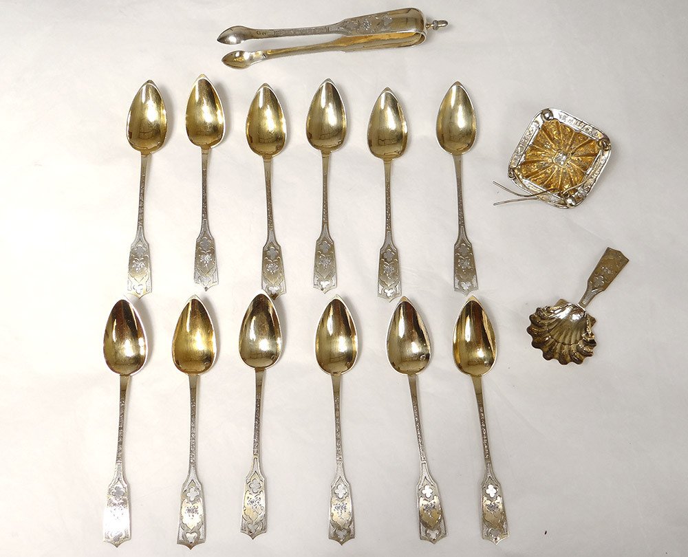 Silver Vermeil Tea Coffee Spoons Service Minerva Devaux Napoleon III 19th Century-photo-3