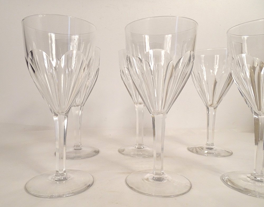 6 Saint-louis Cut Crystal Water Stemmed Glasses Bristol Model 20th Century-photo-2