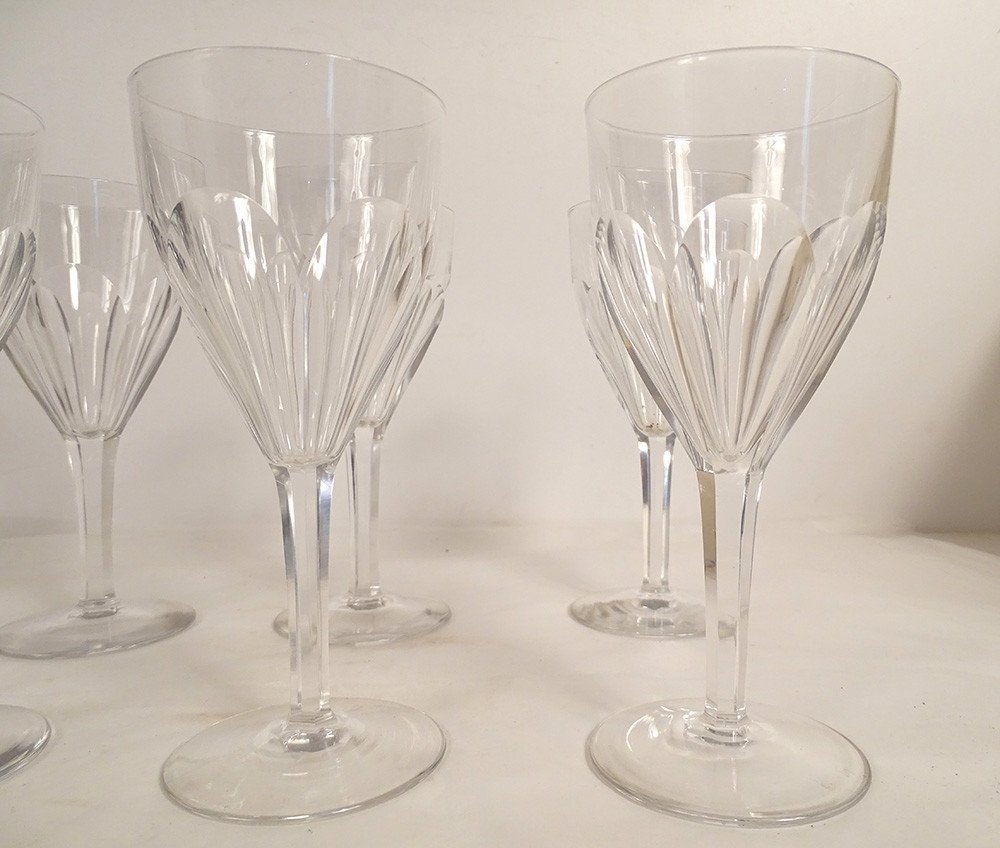 6 Saint-louis Cut Crystal Water Stemmed Glasses Bristol Model 20th Century-photo-3