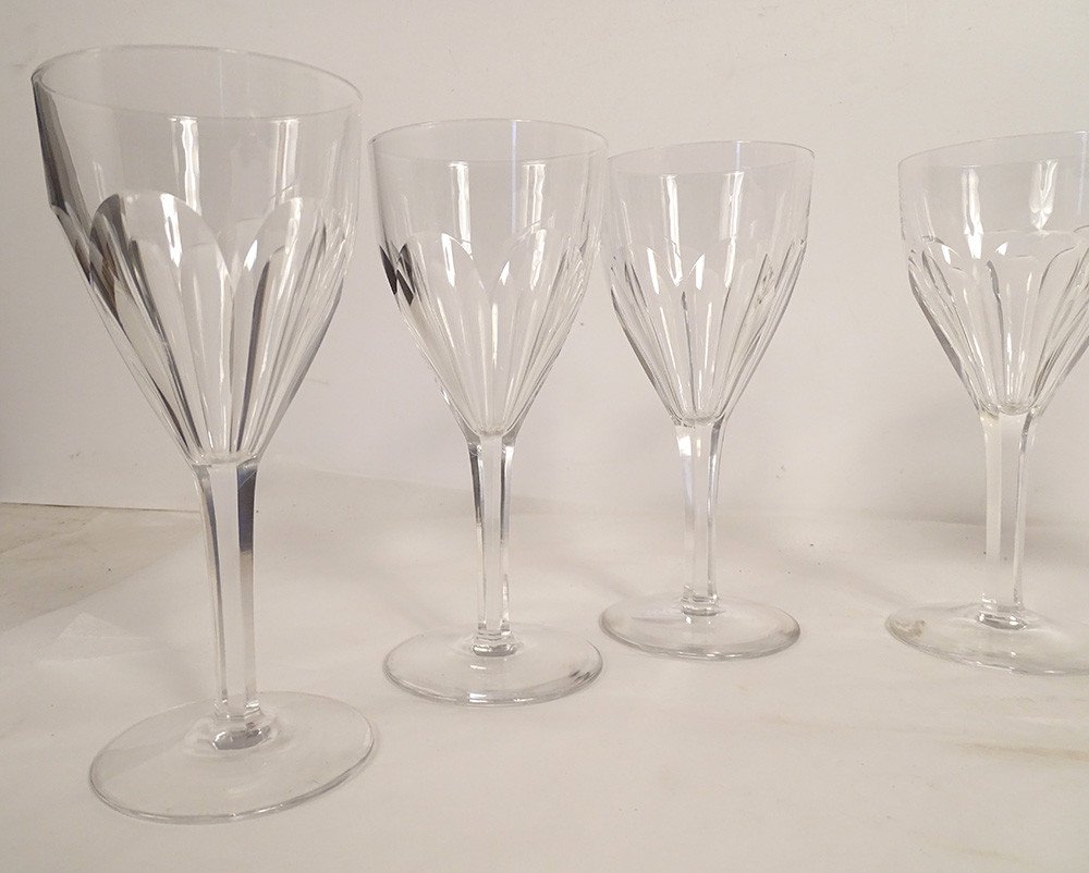 6 Saint-louis Cut Crystal Water Stemmed Glasses Bristol Model 20th Century-photo-4