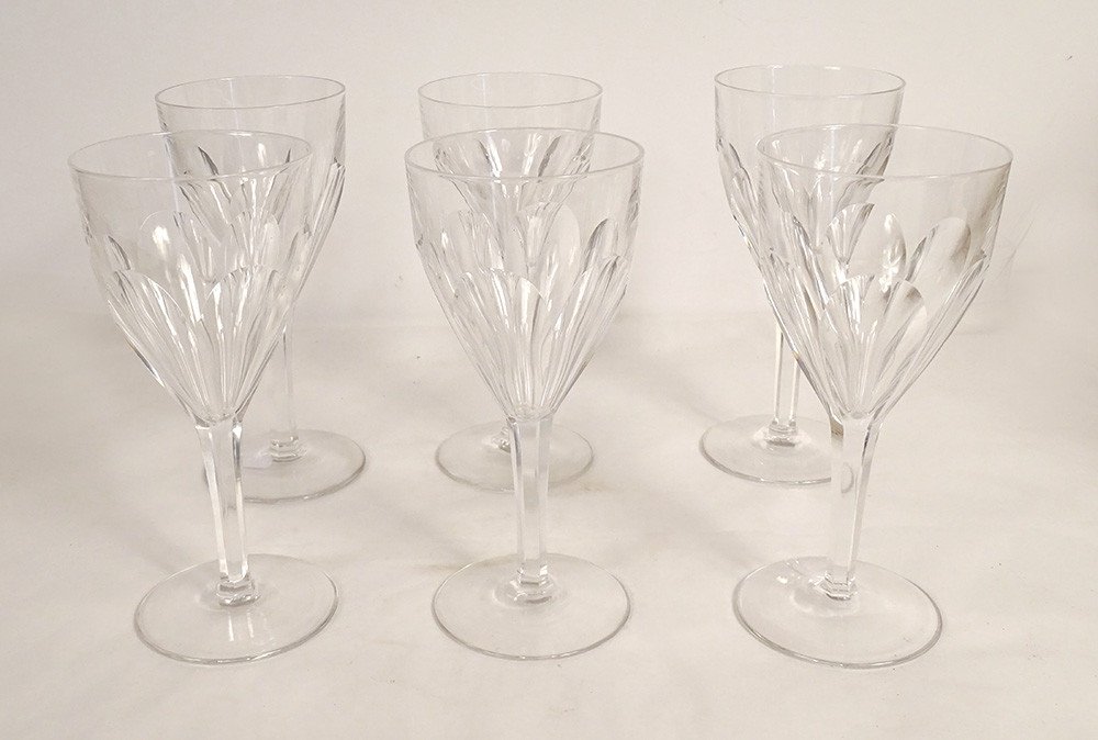 6 Saint-louis Cut Crystal Water Stemmed Glasses Bristol Model 20th Century