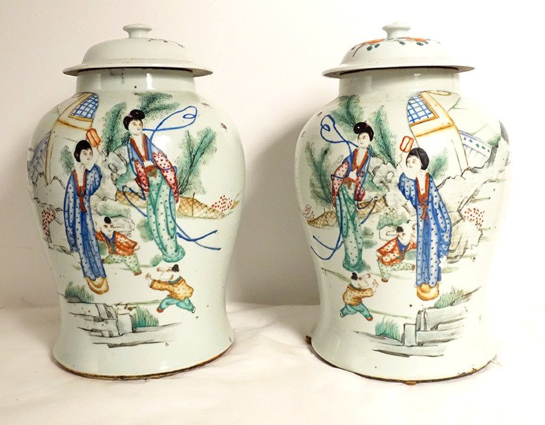 Paire Pots Couverts Potiches Porcelaine Chinoise Femmes Poèmes Fin XIXème