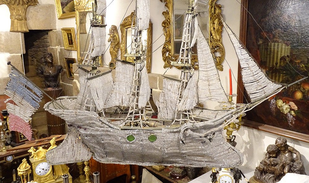 Chandelier Boat Crystal Pearl Three-masted Sailing Ship Flag France 19th Century-photo-2