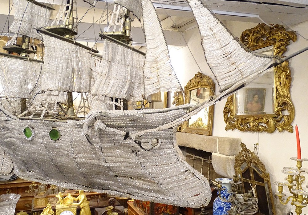 Chandelier Boat Crystal Pearl Three-masted Sailing Ship Flag France 19th Century-photo-3