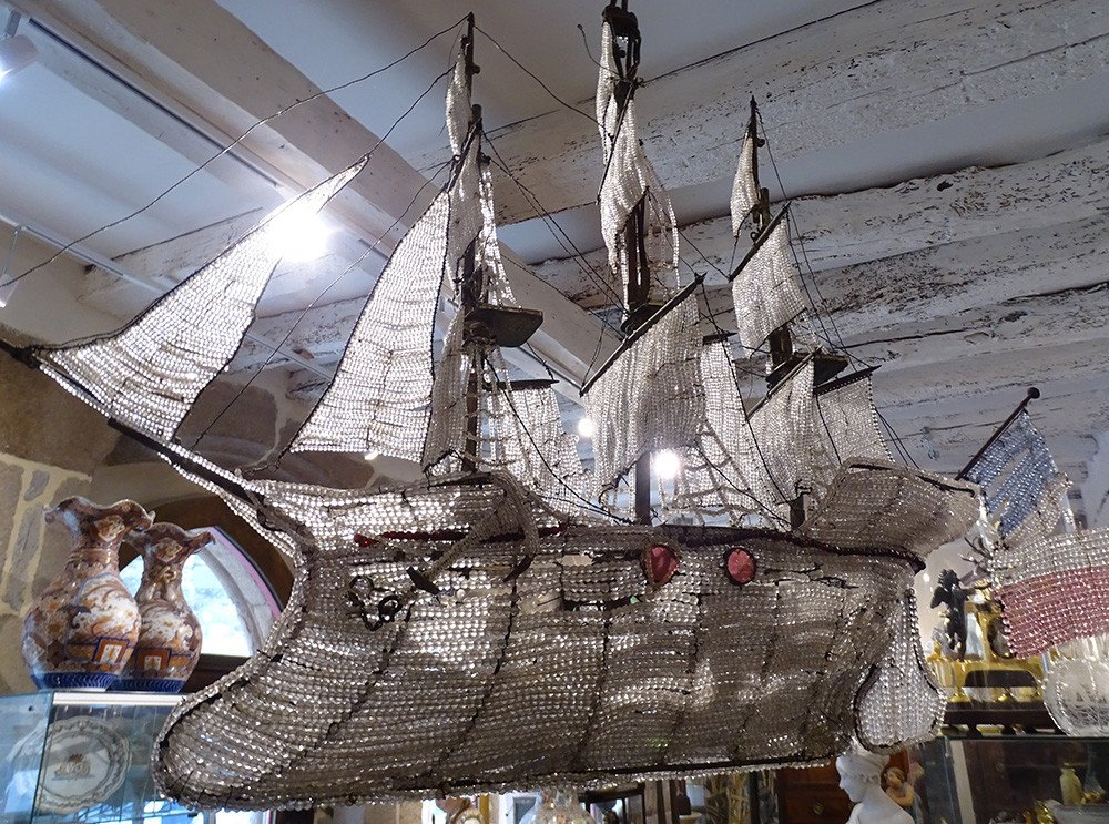 Chandelier Boat Crystal Pearl Three-masted Sailing Ship Flag France 19th Century-photo-7