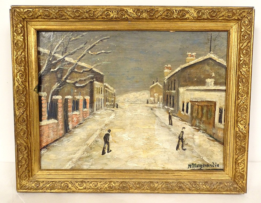 HSP Tableau Na&iuml;f Meynardie Paysage Rue De Village Enneig&eacute; Personnages XX&egrave;me