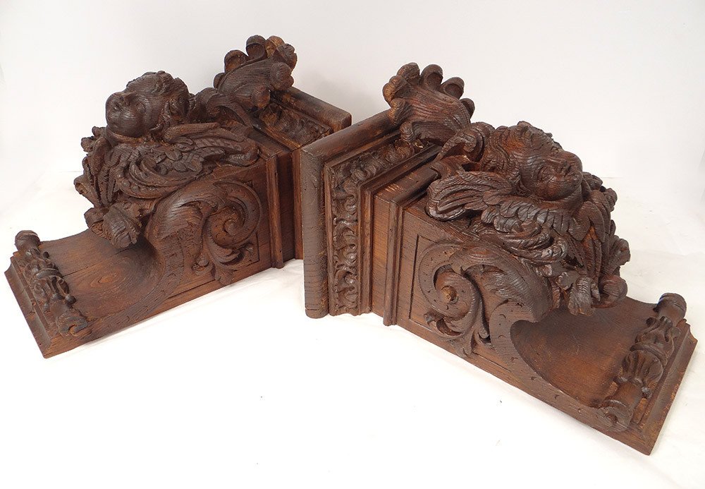 Pair Of Wall Consoles In Carved Wood With Cherub Heads And Putti And Foliage From The 19th Century-photo-4