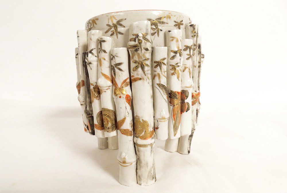 Kutani Porcelain Brush Holder Japan Bamboo Insects Butterflies Late 19th Century-photo-3