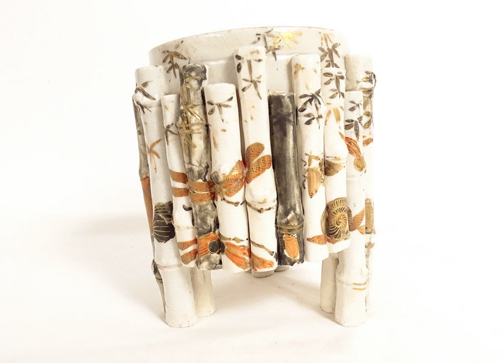 Kutani Porcelain Brush Holder Japan Bamboo Insects Butterflies Late 19th Century-photo-4