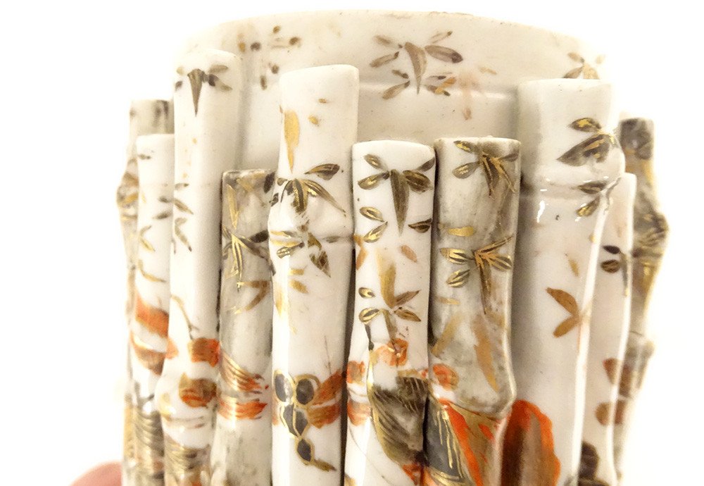 Kutani Porcelain Brush Holder Japan Bamboo Insects Butterflies Late 19th Century-photo-6