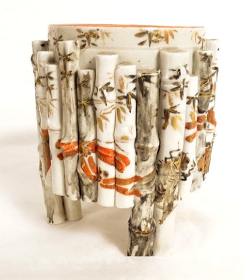 Kutani Porcelain Brush Holder Japan Bamboo Insects Butterflies Late 19th Century