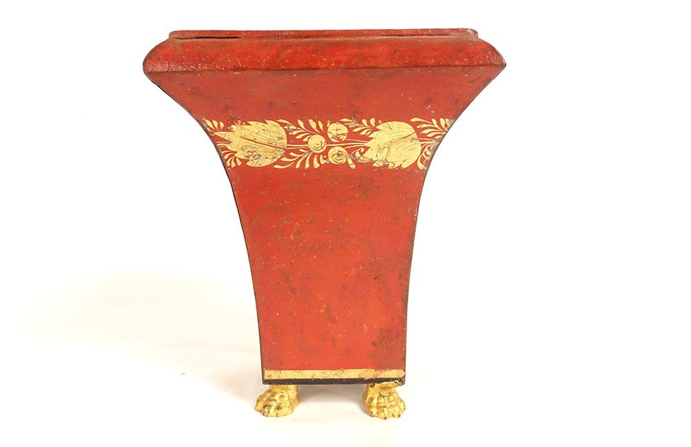 Cachepot Vase Painted Sheet Metal Gilding Flower Friezes Claw Feet Empire 19th Century-photo-2