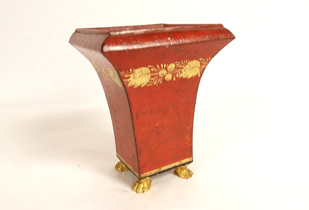 Cachepot Vase Painted Sheet Metal Gilding Flower Friezes Claw Feet Empire 19th Century-photo-4