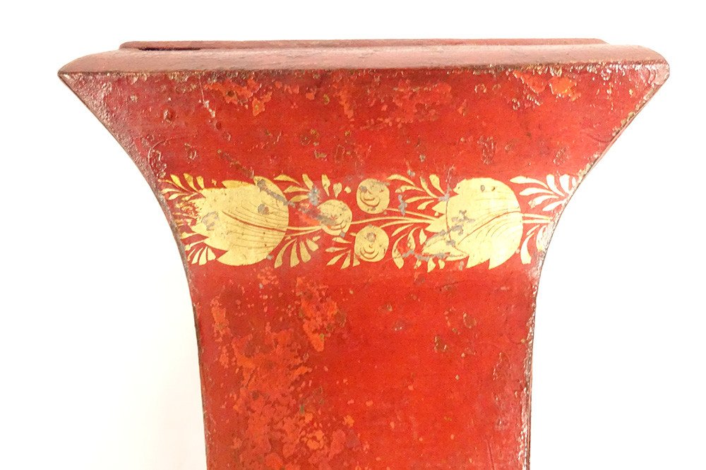 Cachepot Vase Painted Sheet Metal Gilding Flower Friezes Claw Feet Empire 19th Century-photo-3