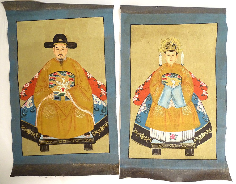 Paire Petites Peintures Chine Portraits Couple Ancêtres Dignitaire XIXème