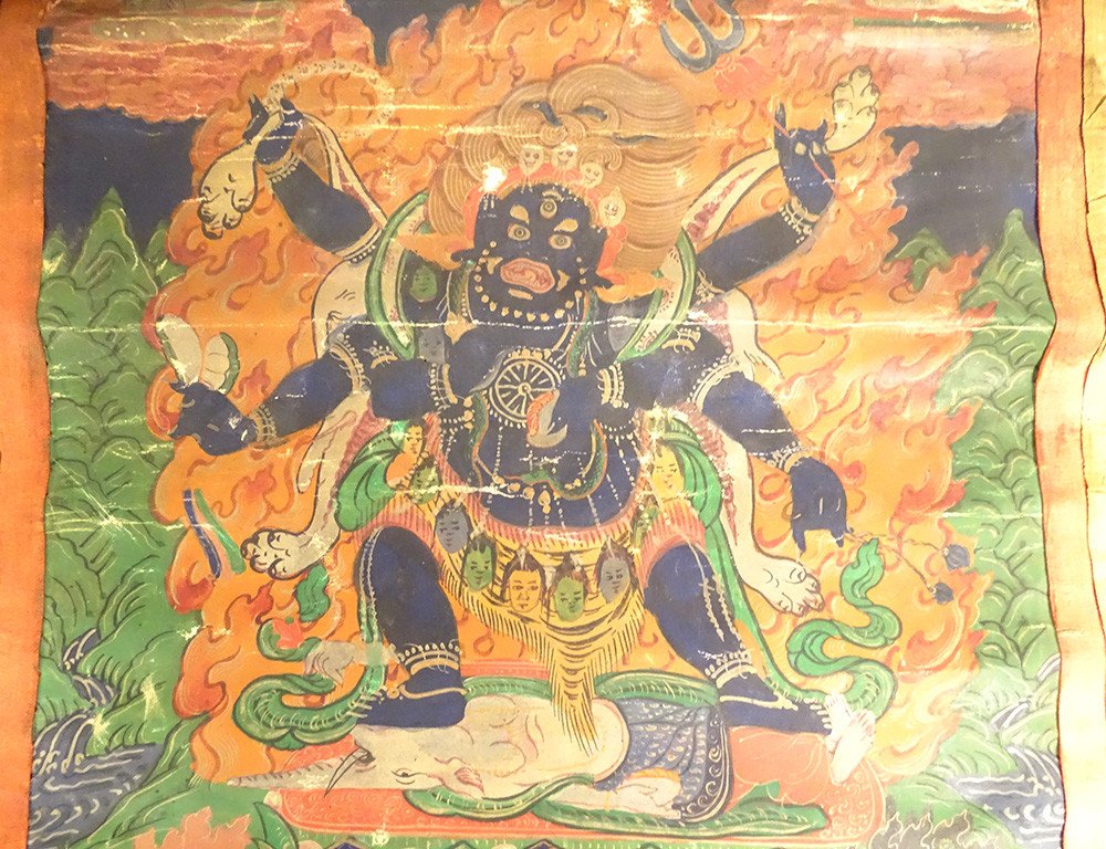 Thangka Tibétain Peinture Bouddhiste Mahakala 6 Bras Dharmapala Tibet 18è-photo-4