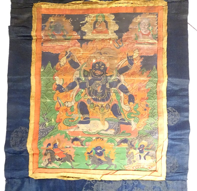 Thangka Tibétain Peinture Bouddhiste Mahakala 6 Bras Dharmapala Tibet 18è