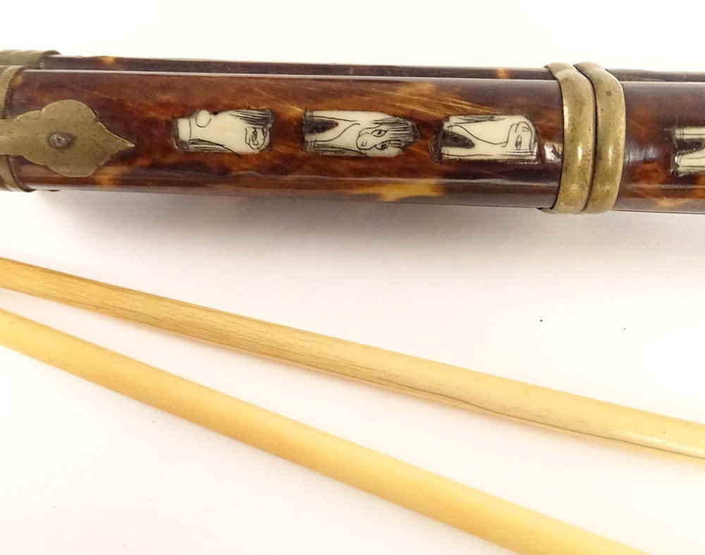 Travel Kit Chopsticks Knife Metal Marquetry Japan Meiji 19th Century-photo-2