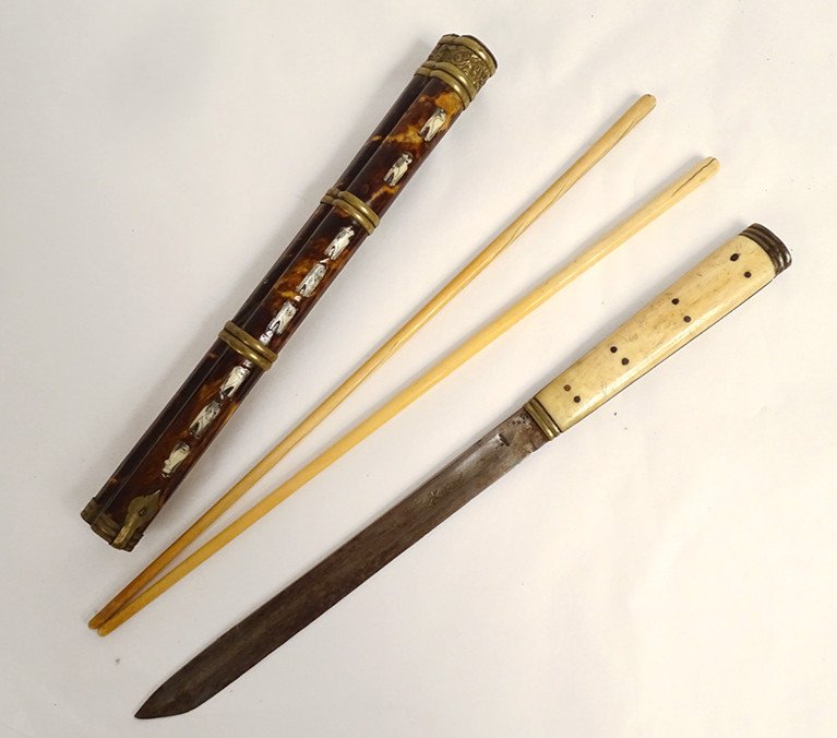 Travel Kit Chopsticks Knife Metal Marquetry Japan Meiji 19th Century