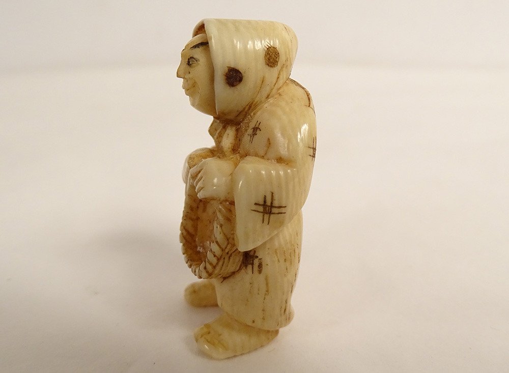 Netsuke Katabori Personnage Tête Pivotante Panier Ivoire Sculpté Japon XIXè-photo-3