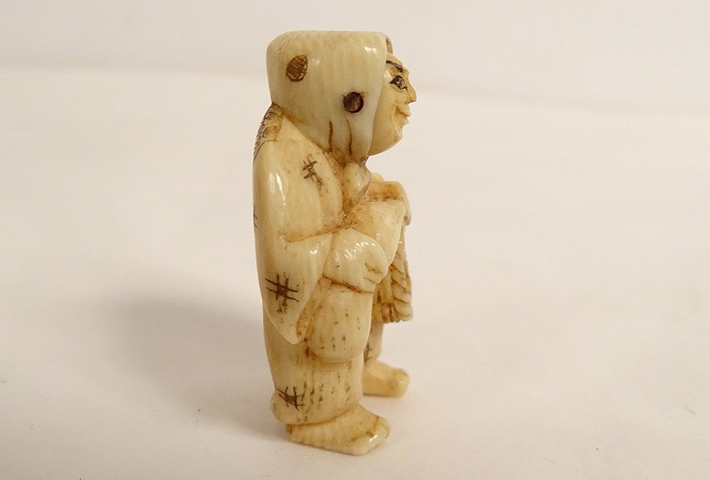 Netsuke Katabori Personnage Tête Pivotante Panier Ivoire Sculpté Japon XIXè-photo-1