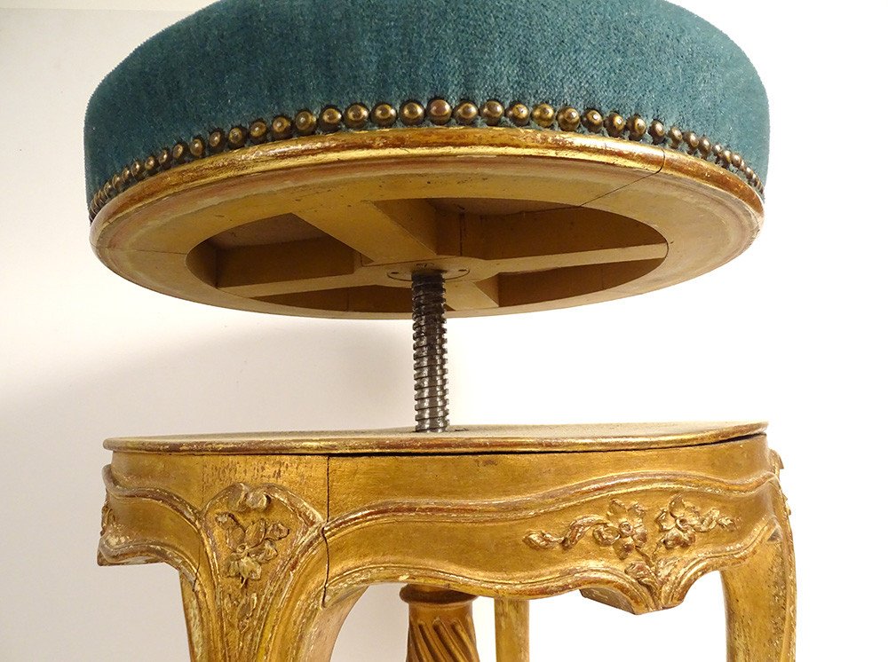 Tabouret De Piano Louis XV Bois Sculpté Doré Fleurs Fin XIXème Siècle-photo-3