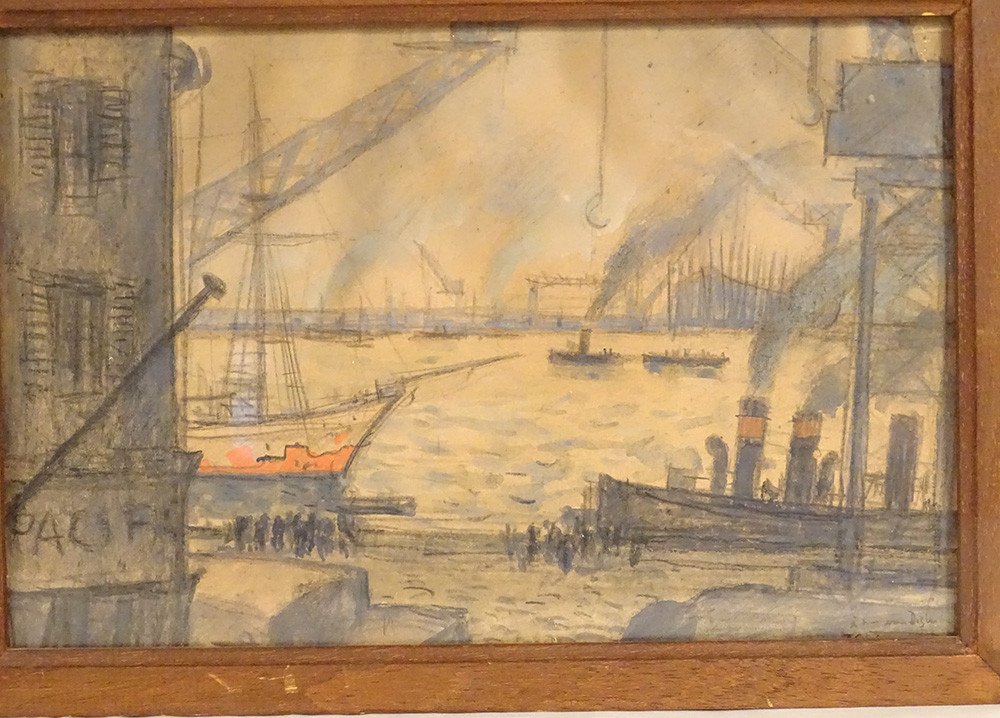 Watercolor Louis Robert Antral View Port Boats Le Havre Normandy 20th Century-photo-2