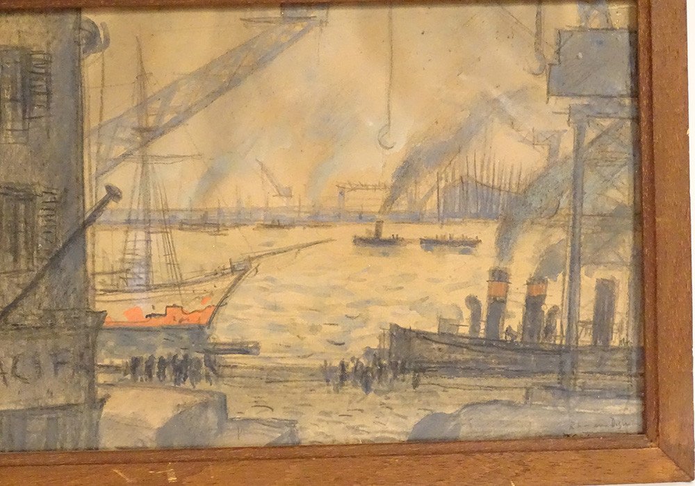 Watercolor Louis Robert Antral View Port Boats Le Havre Normandy 20th Century-photo-3