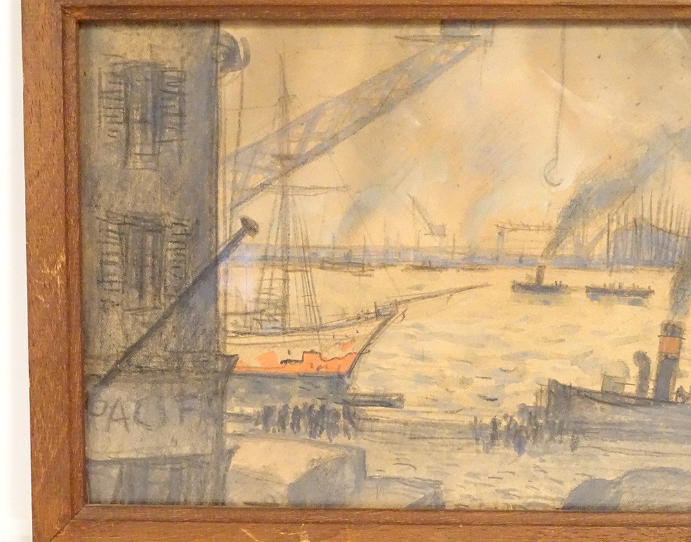 Watercolor Louis Robert Antral View Port Boats Le Havre Normandy 20th Century-photo-5