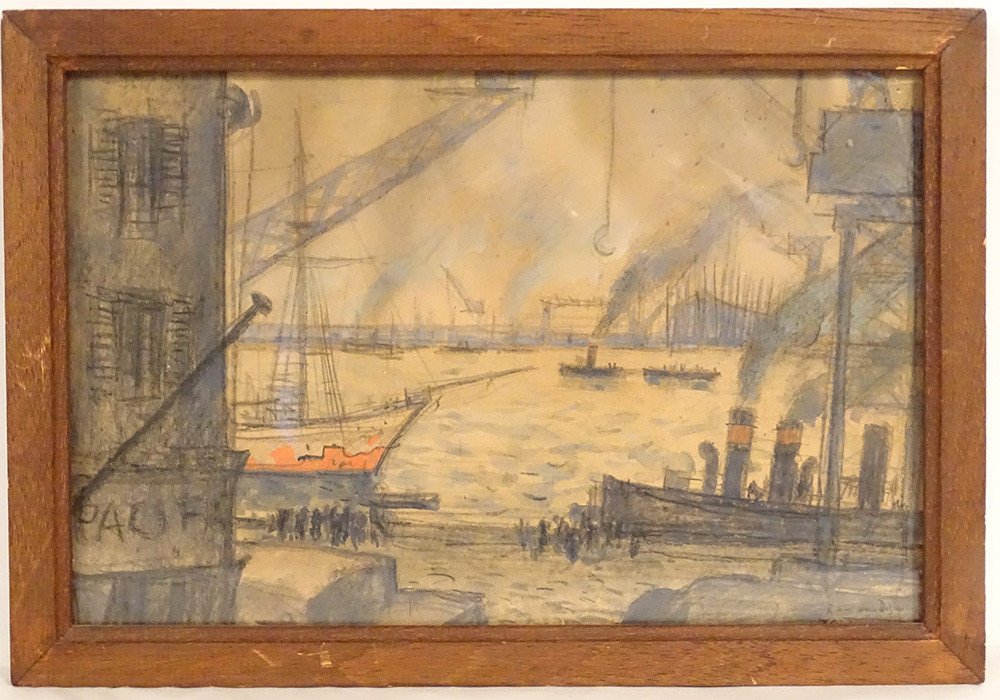 Watercolor Louis Robert Antral View Port Boats Le Havre Normandy 20th Century