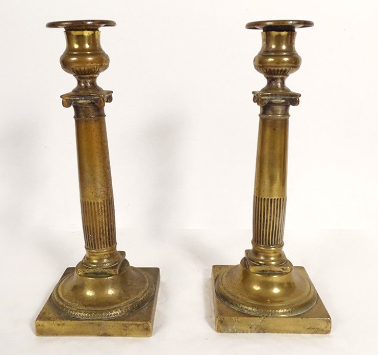 Pair Of Louis XVI Candlesticks Bronze Flambeaux Column Ionic Capital 18th Century